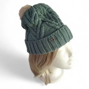 BOGNER Green/Blue Virgin Wool Blend Knit Fleece Lined PomPom Beanie Women's SZ L